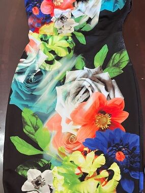 Bisou Bisou Black Midi Dress with Vibrant Floral Print